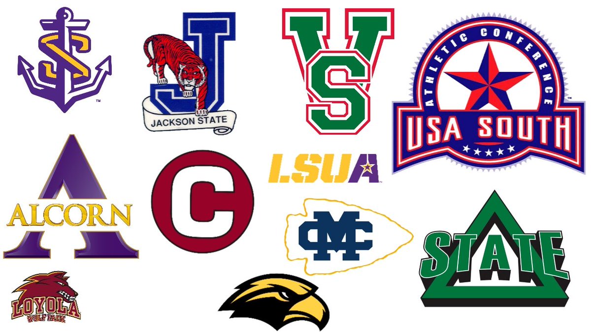 USA South Conference:
- Mississippi College
- Southern Miss
- Centenary
- Jackson State
- Alcorn State
- LSU Alexandria
- LSU Shreveport
- Delta State
- Mississippi Valley State
- Loyola New Orleans