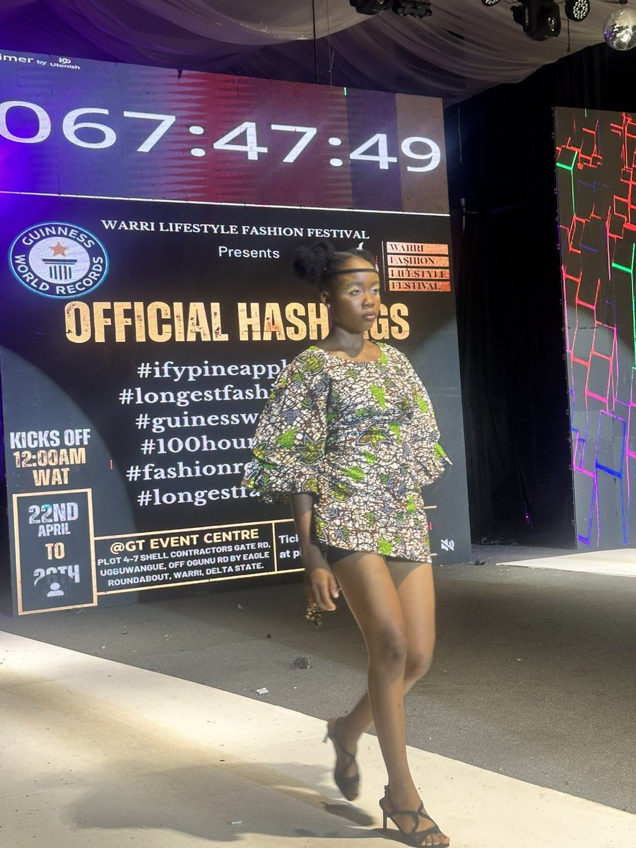 iamericardo's tweet photo. Day 3 at the Warri Fashion Lifestyle Festival.
Iโm here to cheer on @ify_pineapple as she and her team push for @GWR history to become the Longest Fashion Show in the World with 100 hours of non-stop fashion showcase.
#ifypineapple #wflf #100hoursmarathon #GWR https://t.co/SW00xFt0hK