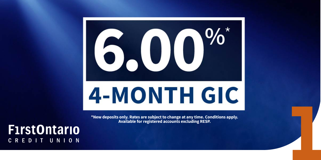 Maximize your #RRSP, #TFSA, + more (excluding RESP)! Earn 6.00%* on our limited-time 4-month GIC. Contact us to get started! Call 1-800-616-8878 and visit firstontario.com/rates/gic-inte…​ for details. #GIC #savings #smartmoney #FirstOntario​ T&Cs apply.