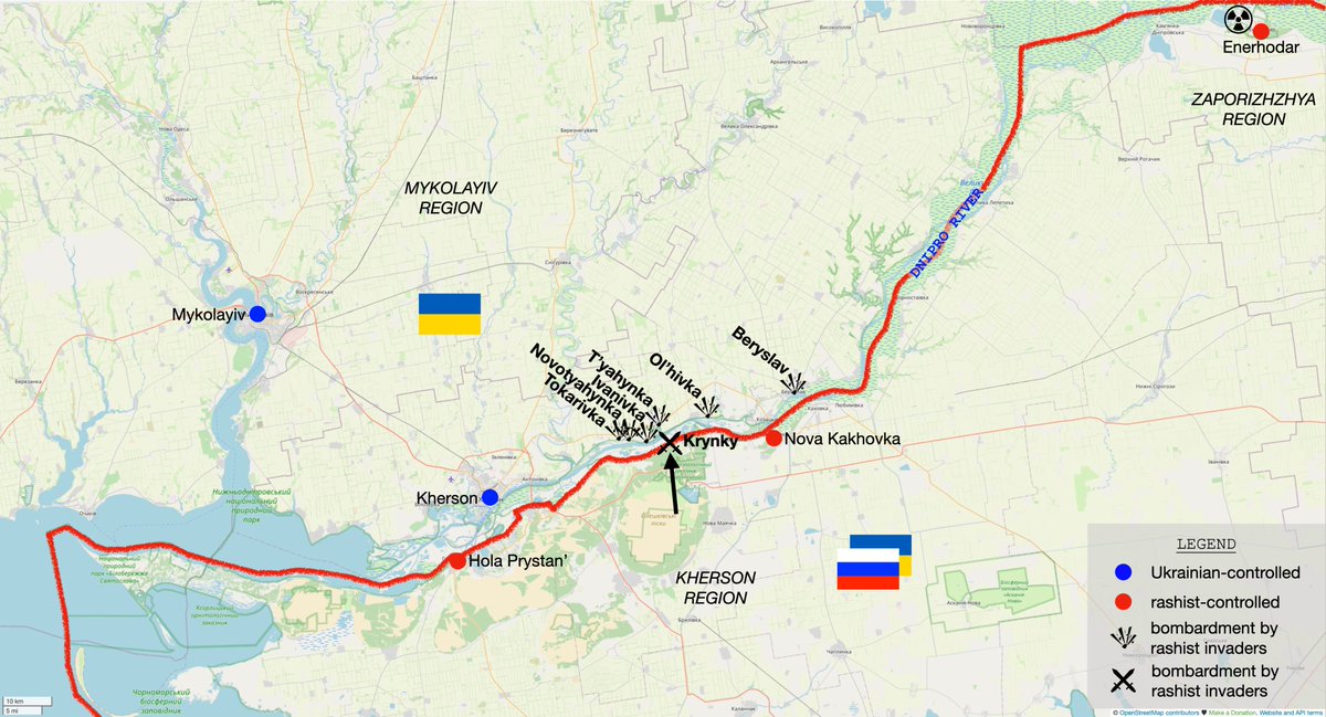 The Russian fascist invaders keep trying to knock out Ukrainian defenders from bridgeheads on the left bank of the Dnipro River in Kherson region. During the day, the enemy carried out 1 unsuccessful attack on Ukrainian positions at Krynky. 1/2