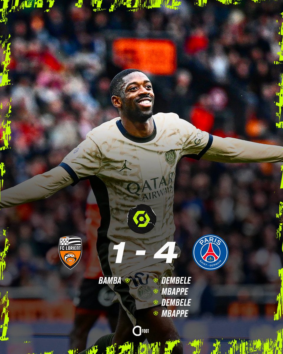 ActuFoot_'s tweet photo. 🚨 𝗟𝗘 𝗣𝗔𝗥𝗜𝗦 𝗦𝗔𝗜𝗡𝗧-𝗚𝗘𝗥𝗠𝗔𝗜𝗡 𝗦'𝗜𝗠𝗣𝗢𝗦𝗘 𝟰 𝗕𝗨𝗧𝗦 𝗔̀ 𝟭 𝗔̀ 𝗟𝗢𝗥𝗜𝗘𝗡𝗧 𝗘𝗧 𝗡'𝗘𝗦𝗧 𝗣𝗟𝗨𝗦 𝗤𝗨'𝗔̀ 𝗨𝗡 𝗣𝗔𝗦 𝗗𝗨 𝗧𝗜𝗧𝗥𝗘 ! ❤️💙

Ousmane Dembélé (doublé) et Kylian Mbappé (doublé) buteurs. ⚽️

Les Parisiens seront sacrés champions de France ce soir si Monaco ne s'impose pas face au LOSC. ⏳🏆

Paris signe par la même occasion une série record d'invincibilité à l'extérieur dans l'histoire de la Ligue 1. (22 matches sans défaite)