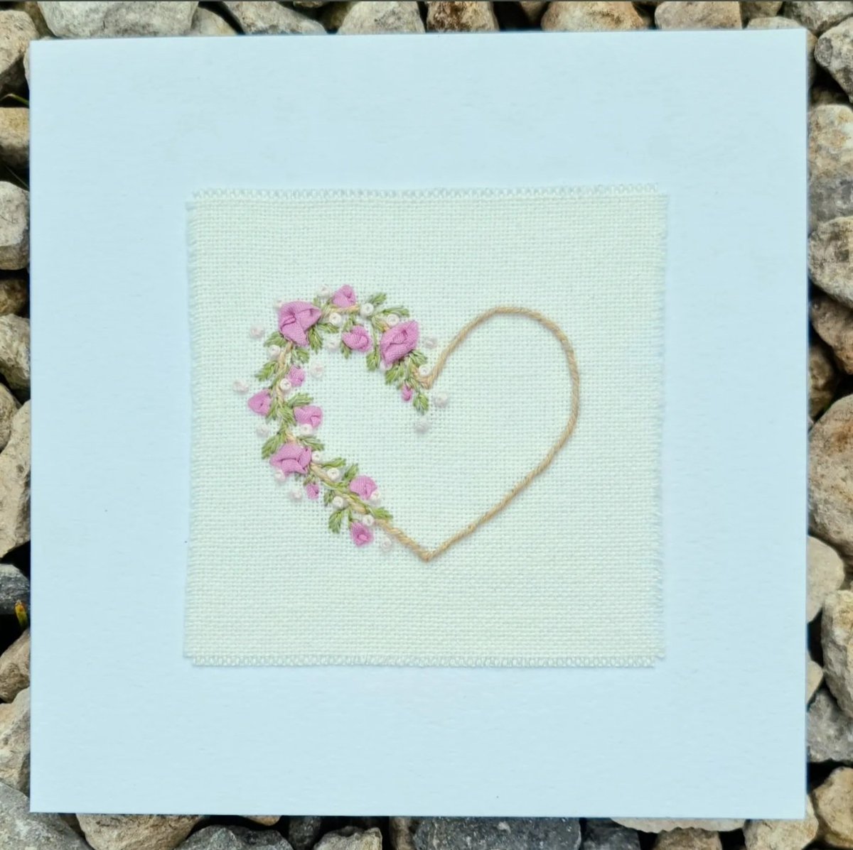 My rose wrapped hearts are another popular design. Another #readymade card with silk ribbon, thread and bead #embroidery. Can also #maketoorder with added greeting and other colours  #HandmadeHour #justacard #crafts