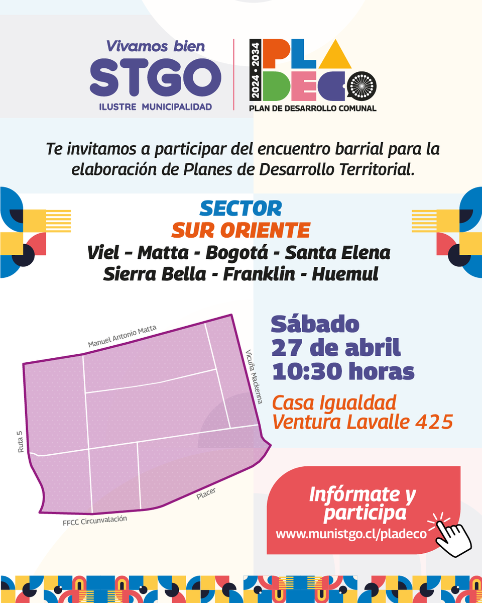 Muni_Stgo's tweet photo. #PLADECO 2024 - 2034 🙌🏻 Te invitamos a participar de un nuevo encuentro barrial para pensar nuestros barrios y la comuna a los próximos diez años.
🗓️ ¿Cuándo?
El sábado 27 de abril a las 10:30 horas
📍¿Dónde?
Ventura Lavalle 425
📌 Más info en:
https://t.co/NFzHwO5hoA https://t.co/7jKoRrFvNX