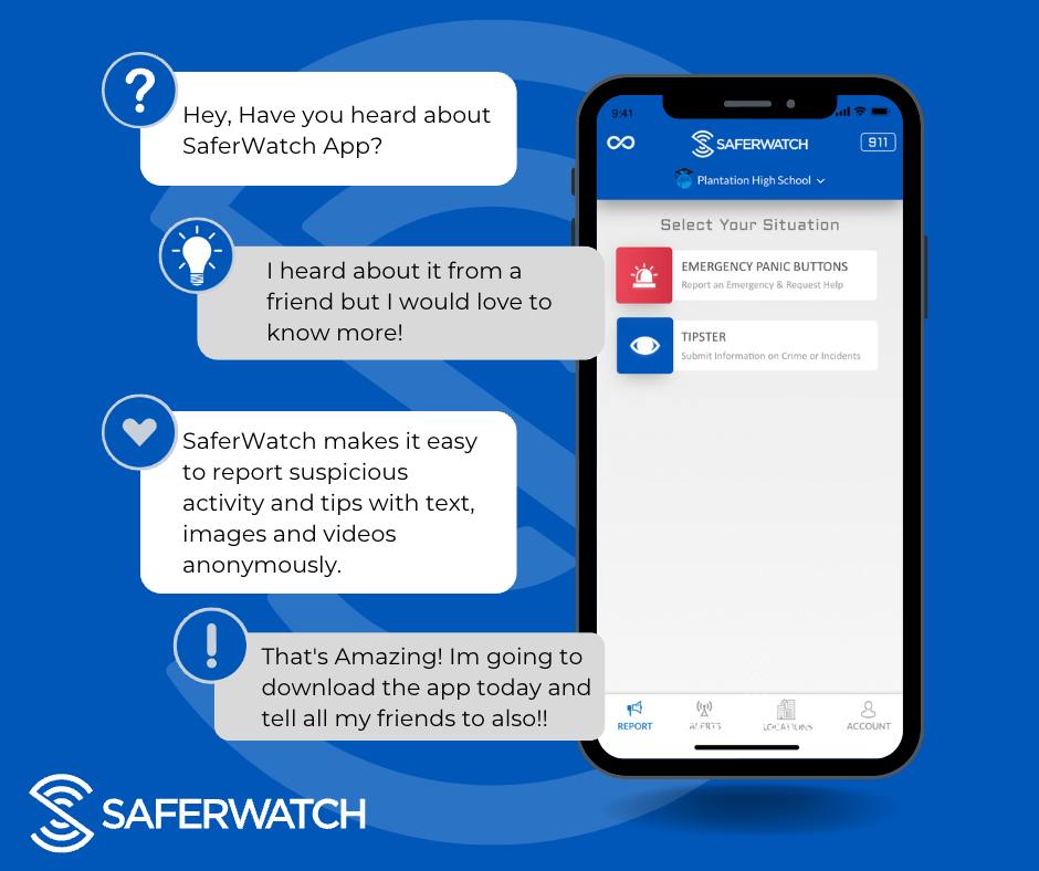 SaferWatch is an excellent tool for teachers, students and parents for emergency and non-emergency events. Download the app today!📱GetSaferWatch.com #SeeSomethingSendSomething #SaferWatch #TipReporting #SilentPanicAlert #AlyssasLaw #MakeOurSchoolsSafe