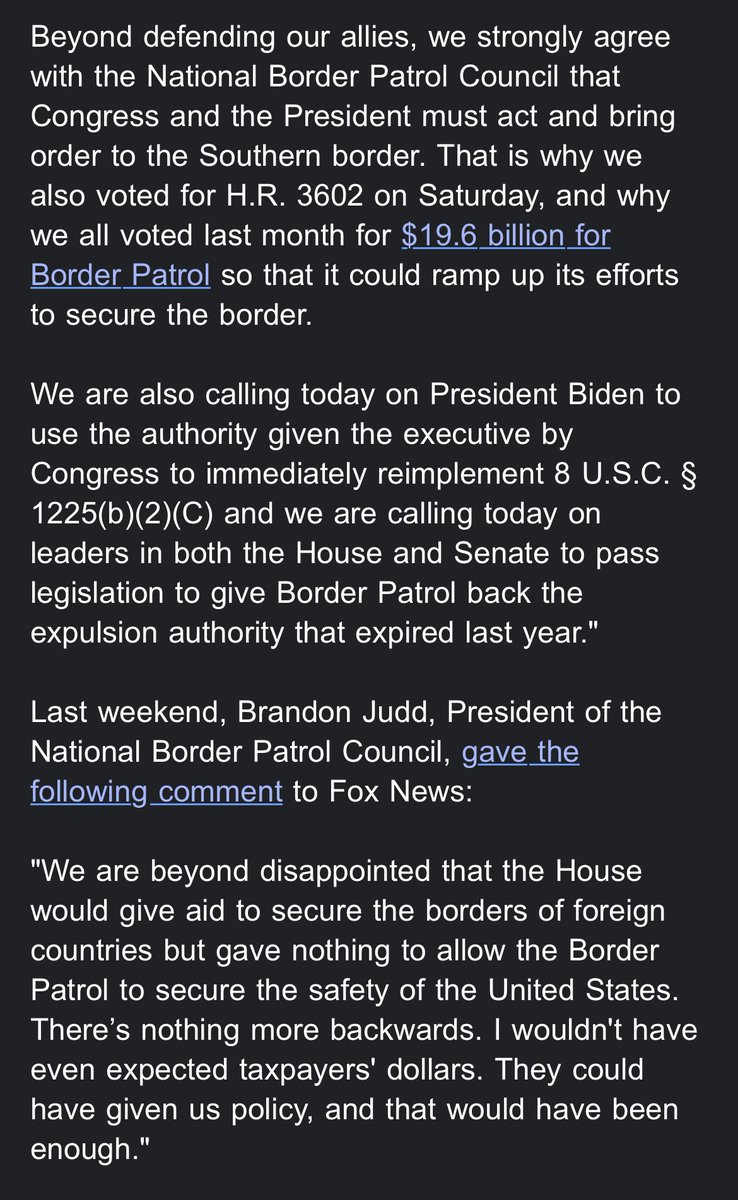 After Biden signs the foreign aid bill, a group of centrist House Democrats issues a statement saying he and Congress “must act and bring order to the Southern border.”