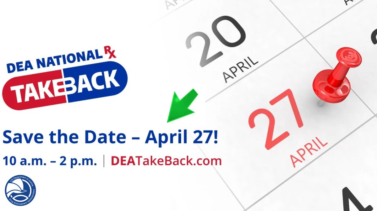 #TakeBackDay is THIS Saturday! It’s a free event for communities across the country to dispose of unneeded medications safely and anonymously. Collection sites will be open 10 a.m. - 2 p.m. bit.ly/35JM1tL @DEAHQ #drugfree #healthy