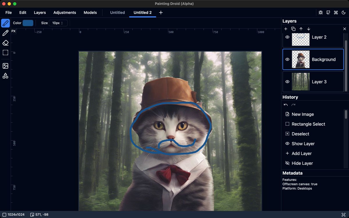 mateuszmig's tweet photo. 🎨 Painting Droid Update – Halfway There! 🤖

🚀 Desktop Availability: Windows, MacOS, Linux 
🧠 Integrated with DALL·E &amp; Stability AI's
🌐 Running HF models locally
🖌️ Image Adjustments with WASM (Rust) 
✂️ Image Resizing &amp; Cropping Tools

https://t.co/7uVuDwWZOa

#100commitow https://t.co/KASr0TOfgj