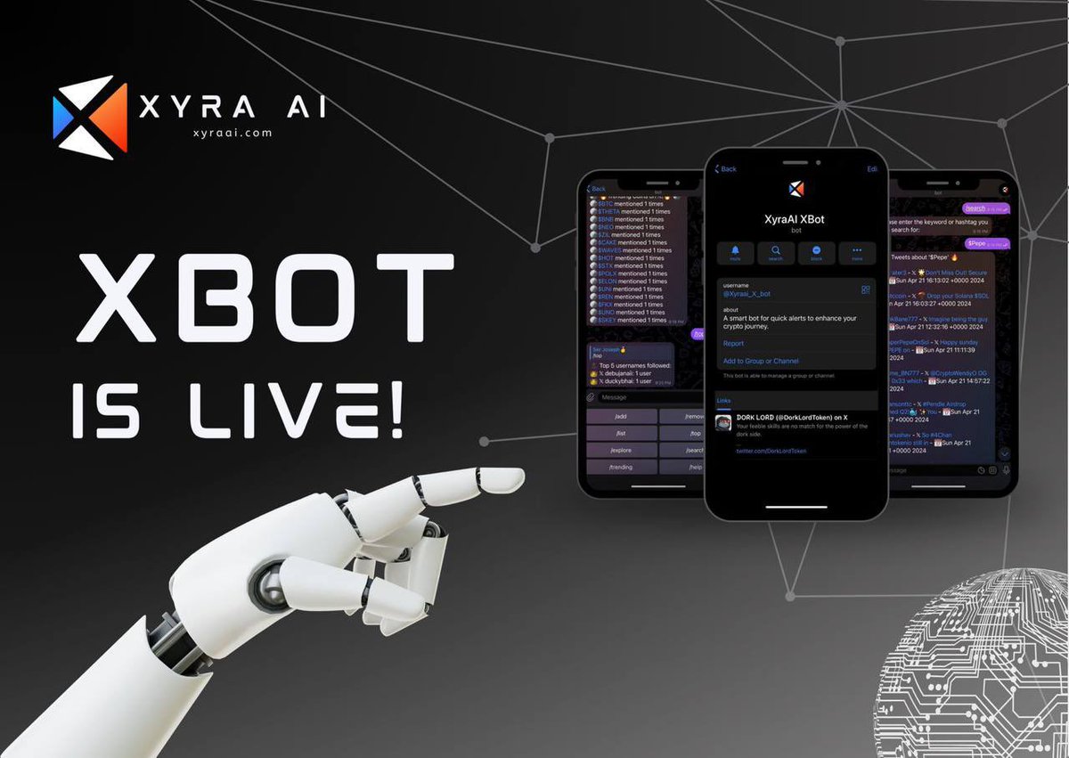 Xyra_AI's tweet photo. Delighted to announce that our $XYAI XBot is now live and available for  use!       

XBot: @Xyraai_X_bot     

Find detailed instructions on how to use the product below.     

Docs: https://t.co/ikO7sNnKH3 https://t.co/gq0lG8BBVu
