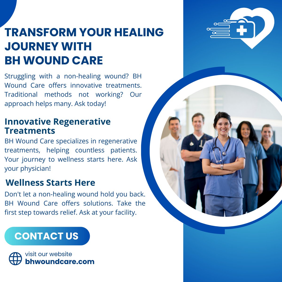 Experience transformative healing with BH Wound Care. Specializing in regenerative treatments, we offer hope when traditional methods fall short. Start your journey to wellness today! #WoundCare #RegenerativeHealing #BHWC