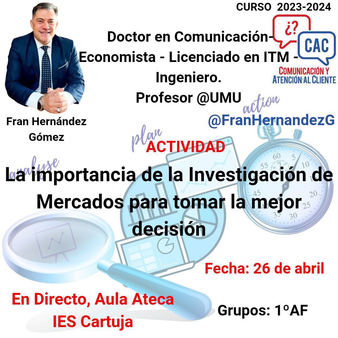 El viernes 26 de abril 🗓️
tendremos la  oportunidad de recibir una charla del gran profesional <a href="/FranHernandezG/">🇪🇦 𝔽𝕣𝕒𝕟 ℍ𝕖𝕣𝕟á𝕟𝕕𝕖𝕫 𝔾ó𝕞𝕖𝕫 ®</a>  sobre
 "La importancia de la Investigación de Mercados para tomar la mejor decisión"

¡No te lo pierdas!👏🏻👏🏻

#CyACartuja #Investigaciondemercados <a href="/jmalex/">José Miguel García P</a>