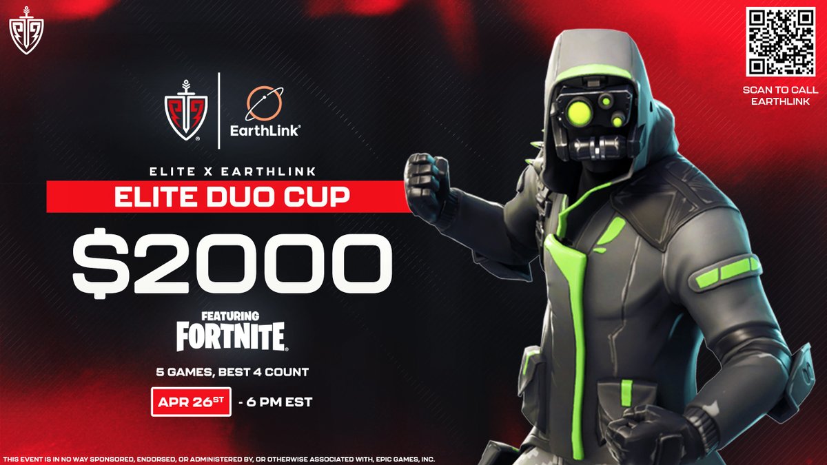 $2,000 Elite X EarthLink Duos Cup ⚔️

📅 Qualifiers: FRIDAY @ 6 PM EST

REGISTER:
📌 RT & REPLY w/ DUO
📌 Follow @EliteEsports & @EarthLink 
 
✅ JOIN CORD: bit.ly/ELITEARENA