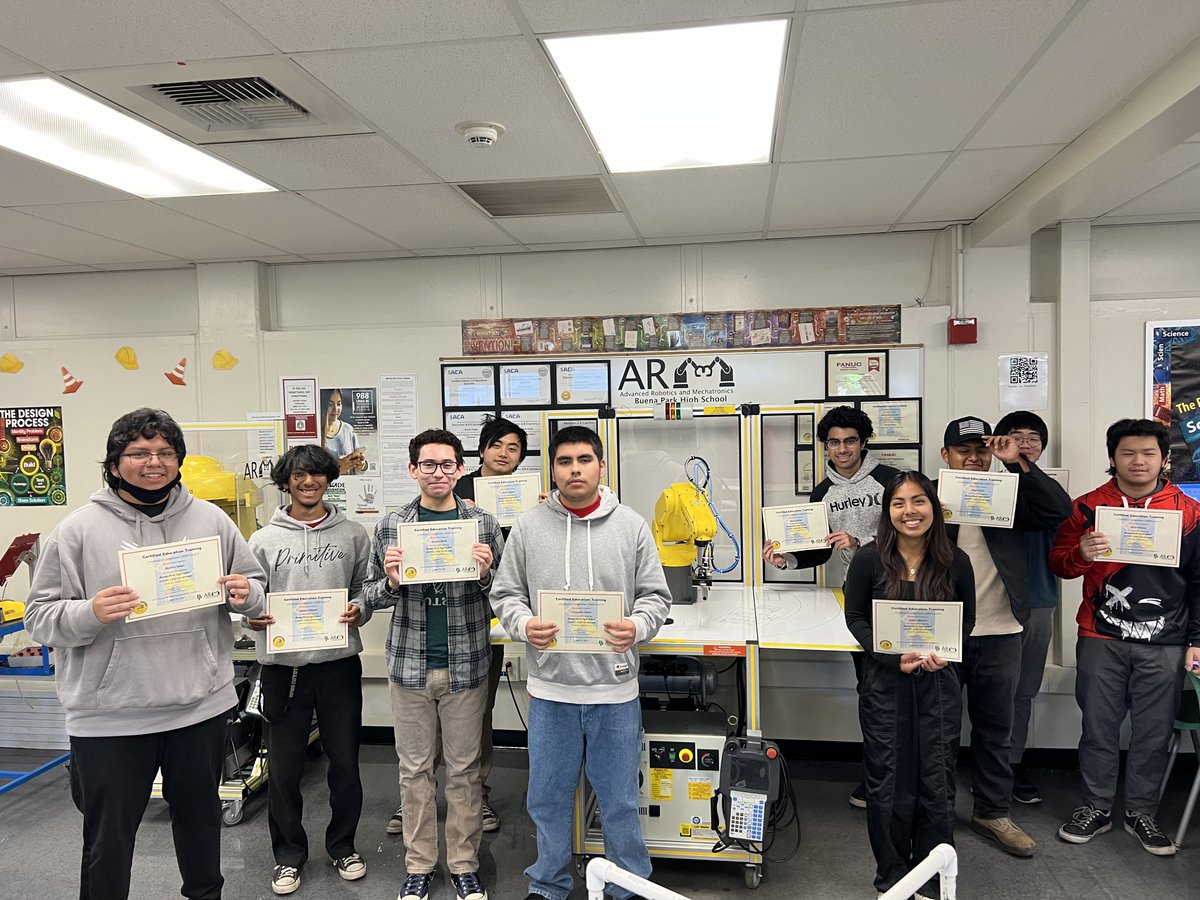 Bphs_ARM's tweet image. 10 @BuenaParkHS ARM Capstone students earned their @FANUCAmerica 2D iRVision Certification of Completion today. Very proud of their accomplishments. They are now preparing for the @NOCTI1 FANUC Certified Robot Operator w/ #ROBOGUIDE Certification Test. #CTE #Automation #robotics