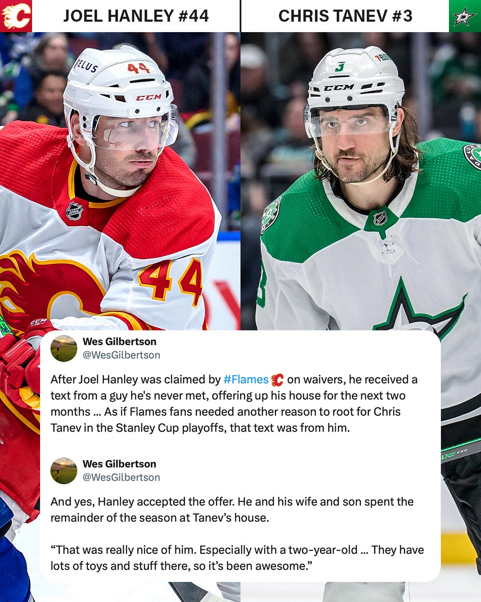 Chris Tanev is a stand-up guy. 😌

Tanev was a member of the Flames until he was traded to the <a href="/DallasStars/">x - Dallas Stars</a> before the #NHLTradeDeadline, but that didn't stop him from an act of kindness to a new member of the Flames. 

(via <a href="/WesGilbertson/">Wes Gilbertson</a>)