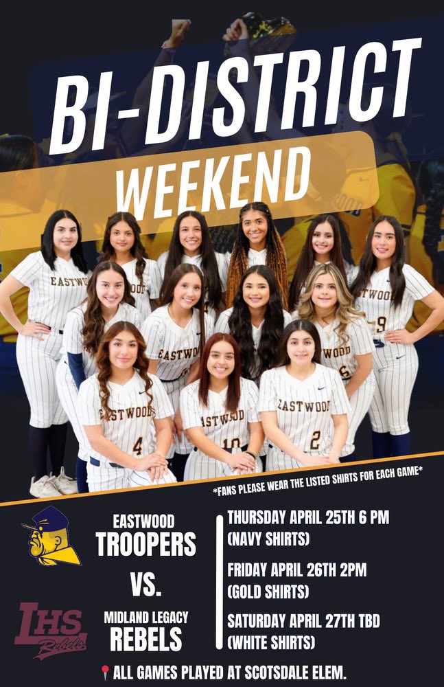 EastwoodSBall's tweet photo. 🚨Bi-District🚨 
⚠️: Best of 3 Series
🥎: Eastwood vs. Midland Legacy
📍: Eastwood Trooper Field
🗓️: Game 1 Thursday April 25th 6:00 PM
       Game 2 Friday April 26th 2:00 PM
       Saturday (if necessary)

Eastwood Fans let’s fill the stands with NAVY Thursday!👕💛💙

#GoTroop https://t.co/f6raqQgy0k