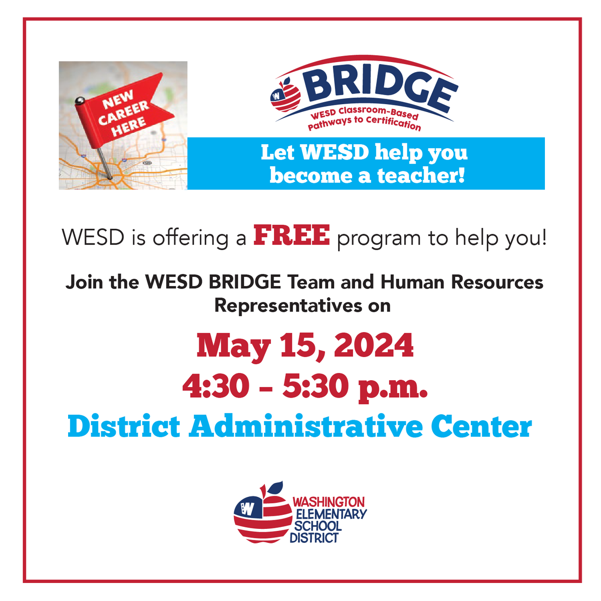 If you missed the BRIDGE Meeting yesterday, the WESD has another opportunity on May 15 at the Administrative Center! Learn about our free program that can help you earn your teacher certification while working as a full-time teacher. To RSVP, please call 602-347-2622. #WESDFamily