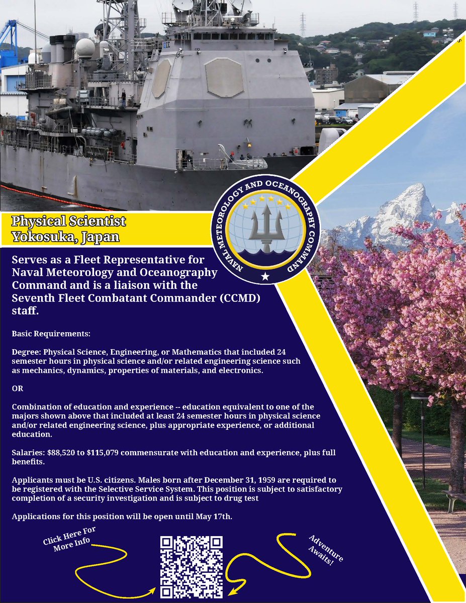 💰💰💰 Job Opportunity Alert 💰💰💰 Naval Oceanography is recruiting for a Physical Scientist in Yokosuka, Japan! Scan below to learn more about the position and how to apply. #NavalOceanography #ItStartsWithUs #WarfightingWarfightersFoundation #AllAheadFlank