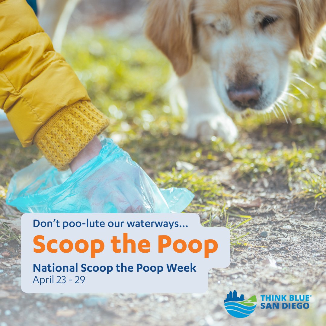 Don't poo-lute! Join ILACSD &amp; Think Blue San Diego in observing National Scoop the Poop Week April 23-29 🐶🐾

Protect our waterways- pick up after your pet &amp; encourage others! Avoid using single-use plastic bags &amp; opt for biodegradable paper bags. Flush pet waste down the toilet