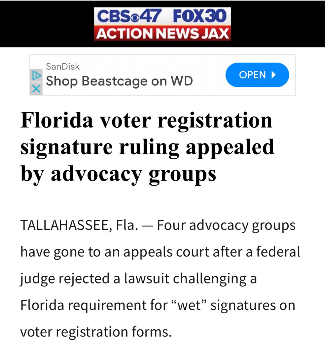 FL groups have appealed decision to uphold voter “wet signature” requirement by a conservative federal judge who has attempted to restrict voting rights, LGBT equality, and reproductive freedom. The DOJ supports plaintiffs’ position.