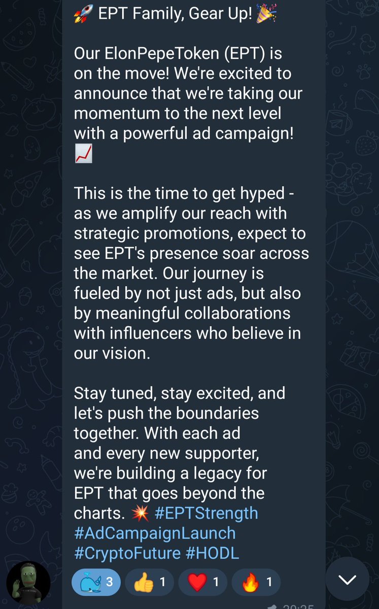 eptsol's tweet photo. WE ARE STARTING OUR MARKETING CAMPAIGN❗️
@dexscreener ads launched✅️
@MoontokListing waiting for approval ☑️
We moving onto next step in markerting campaign⏳️
Organic floor and hype, now is time for world to hear about ELON PEPE TOKEN🔥🚀

#memecoins
#MemeCoinSeason #Trending #MOONLIGHT #Solana #Bitcoin #dexscreener #Ethereum #ept #elonpepe #Verified #coingecko