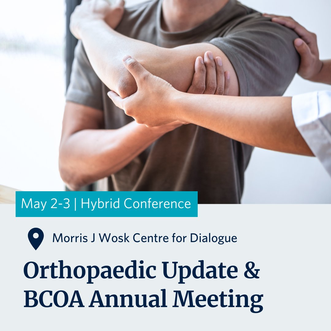 Join colleagues in-person or virtually at the Orthopaedic Update and BCOA Annual Meeting. Don’t miss the pre-conference event: Orthopaedic Research Day on May 1 and post-session activities. Register bit.ly/48YVaJU #UBCCPD #MobilityForAll @ubcorthopaedics @BCOrthopods