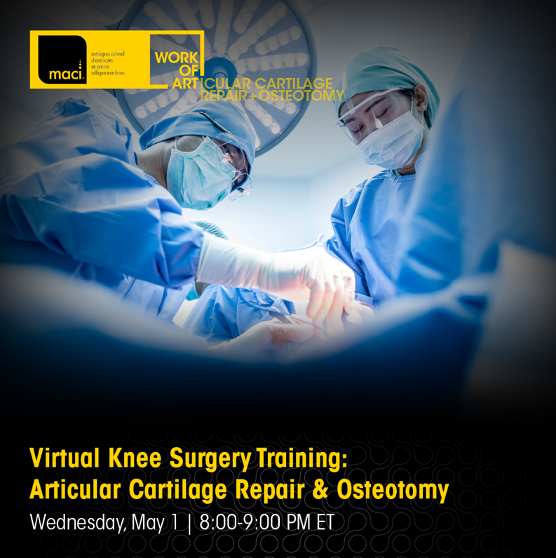 ONE WEEK AWAY! HCPs, join Vericel on May 1 for a virtual surgical training to explore best practices in articular cartilage repair and osteotomy featuring live surgical demonstrations of MACI knee cartilage repair. (For HCPs only) Register now! tinyurl.com/4wxjxmju #sponsored