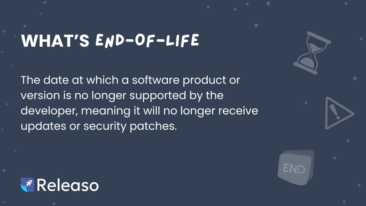 In the tech world, 'End of Life' isn't just a phrase - it's a crucial milestone. 🚀 It signifies the point when a software or product ceases to receive updates, support, or maintenance. 🛑

#Releaso #TechTerminology #EndOfLife #SoftwareLifecycle