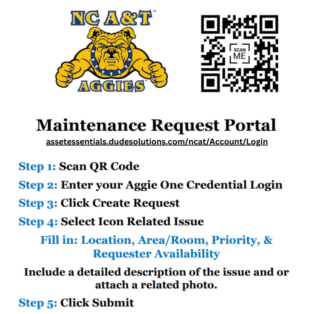 If you're experiencing maintenance issues, scan our convenience QR code to submit a maintenance request form. Be sure to provide a detailed description and attach images of the issue to ensure quick and safe handling by our maintenance team. #NCAT #NCATHousing