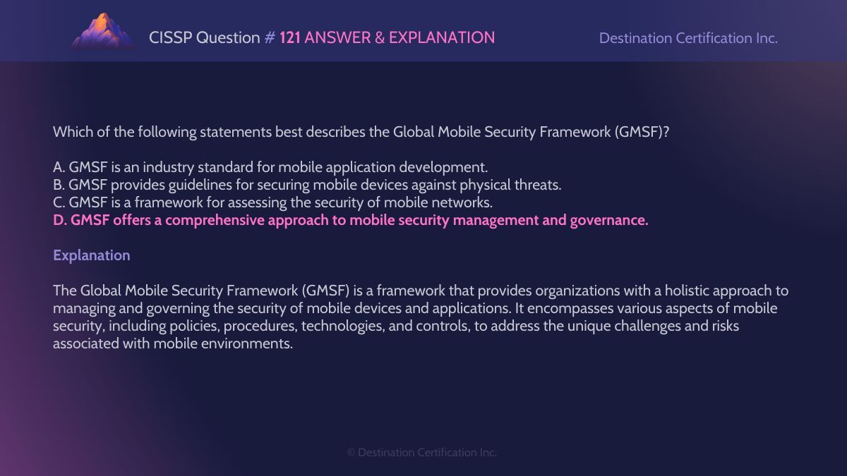 #CISSP Question #121 Answer and Explanation

Here is the answer and an analysis of how to reach the correct answer. If you want to see more content like this, do let us know!

#WeeklyCISSPChallenge #QuestionOfTheWeek #CyberSecurity #CISSPpractice #practicequestions #ISC2