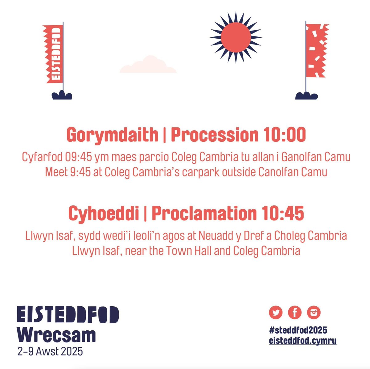 Dewch i orymdeithio gyda ni ar Ddydd Sadwrn a bod yn rhan o'r seremoni gyhoeddi Join us for the procession on Saturday and take part in the Eisteddfod proclamation ceremony.