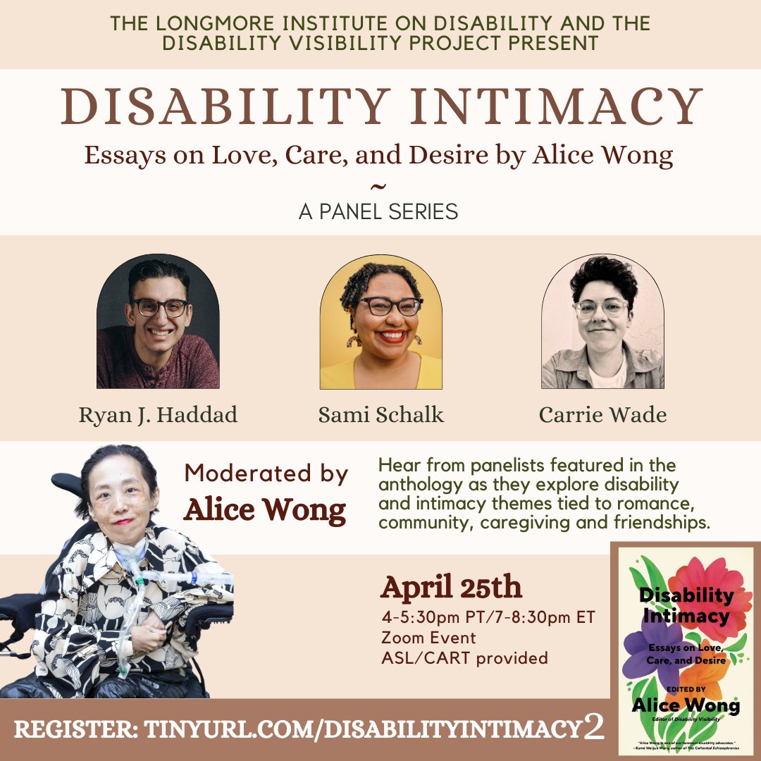 Tomorrow, April 25th at 4pm PT, is our second Disability Intimacy Zoom event. Join us as we hear from folks featured in Alice Wong's upcoming anthology! tinyurl.com/DisabilityInti…