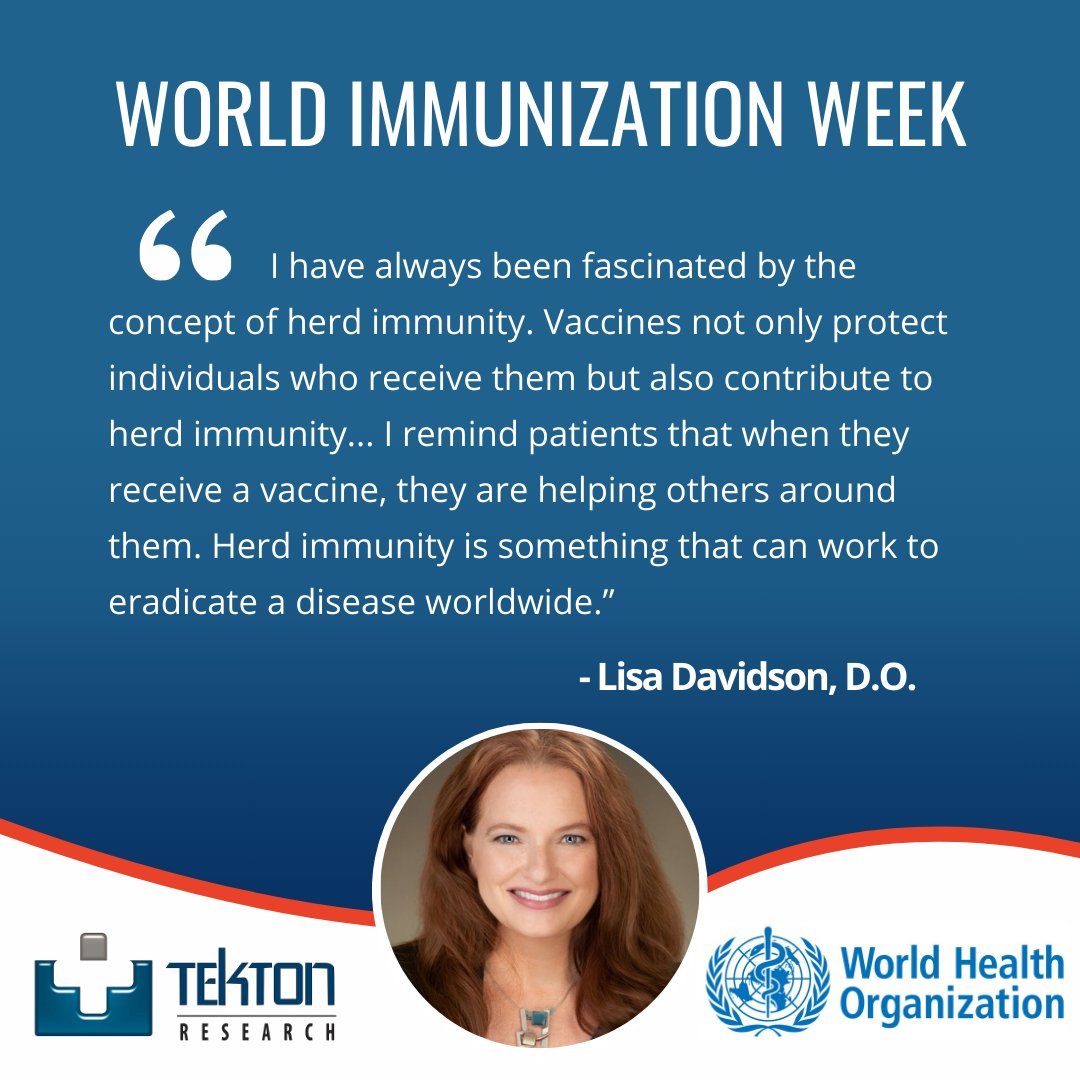 World Immunization Week - Day 1: Lisa Davidson, D.O., Principal Investigator at Tekton Research, highlights the vital role of population immunity.

#WorldImmunizationWeek #WorldImmunizationWeek2024 #WHO #TektonResearch  #MakingLifeBetter