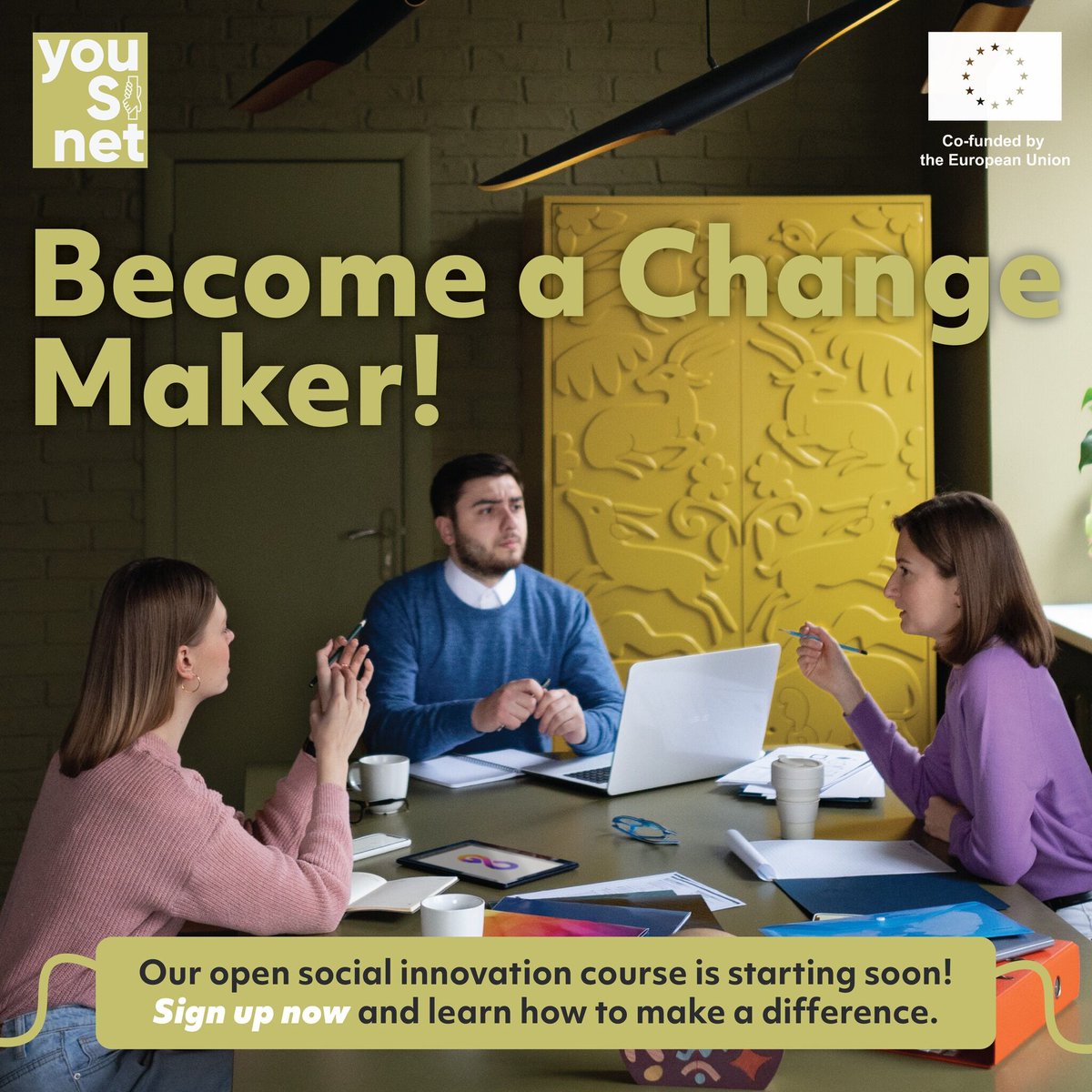 We are delighted to announce our first course where we will explore #socialinnovation and community engagement! If you're aged 18 to 34, please click on the following link to sign up on the Salto platform 👉 tinyurl.com/YSN-course01