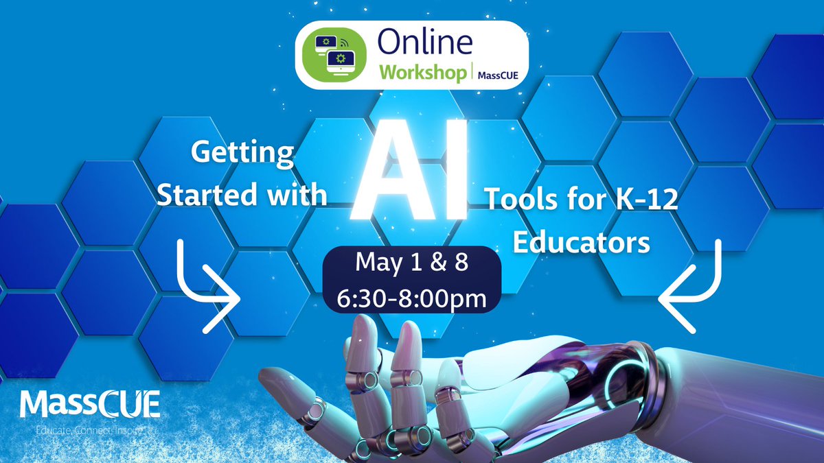 Join #MassCUE for a virtual workshop on the tools and strategies you need to get started with #AI in your school or classroom! May 1 & 8. Learn more & register: bit.ly/3VnBP1K @BlendedLibGirl @DrNicoleL @ELA2TISJess @The_app_guide @Boyle_Tech @daleyscience @minnowdfly