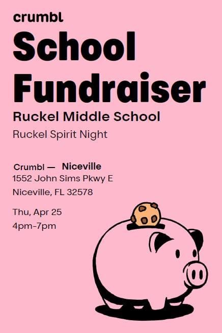 Help support Ruckel PTO by going to Crumbl Cookie tomorrow from 4-7pm.