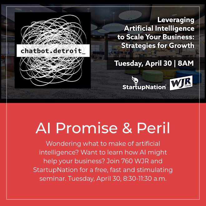Community members in the Detroit area: Join StartupNation and WJR Radio for an insightful and informative event about the promise and peril of AI. See you Tuesday, April 30, at StartupNation in Birmingham, MI. Reserve your tickets for free. ow.ly/xXNB50Rnbuv