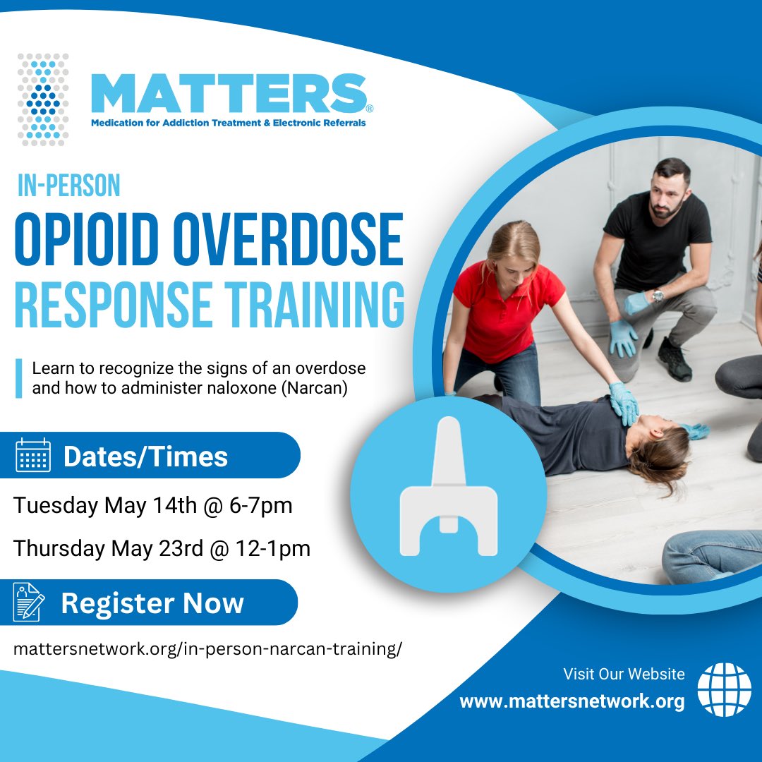 Do you want to learn how to administer #naloxone? MATTERS is now facilitating in-person #opioid overdose response training in Buffalo, NY! Additional details on the sign up form. To register visit mattersnetwork.org/in-person-narc…