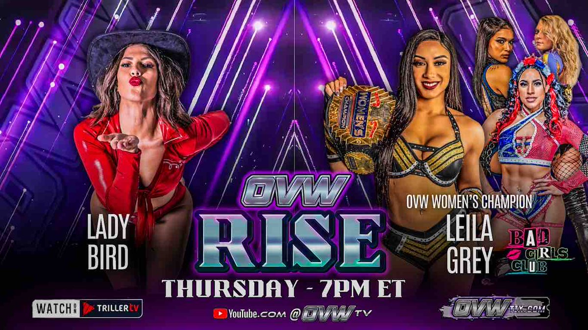 THURSDAY!

OVW Women’s Champion @Miss_LeilaGrey faces @WrestleLadyBird before DOUBLE CROSSED

OVW Heavyweight Champion @CertifiedLukeK  and @T_Superior94 will sign the contract for their DOUBLE CROSSED collision

This and more TOMORROW 7pm ET on #OVWRise

OVWTix.com