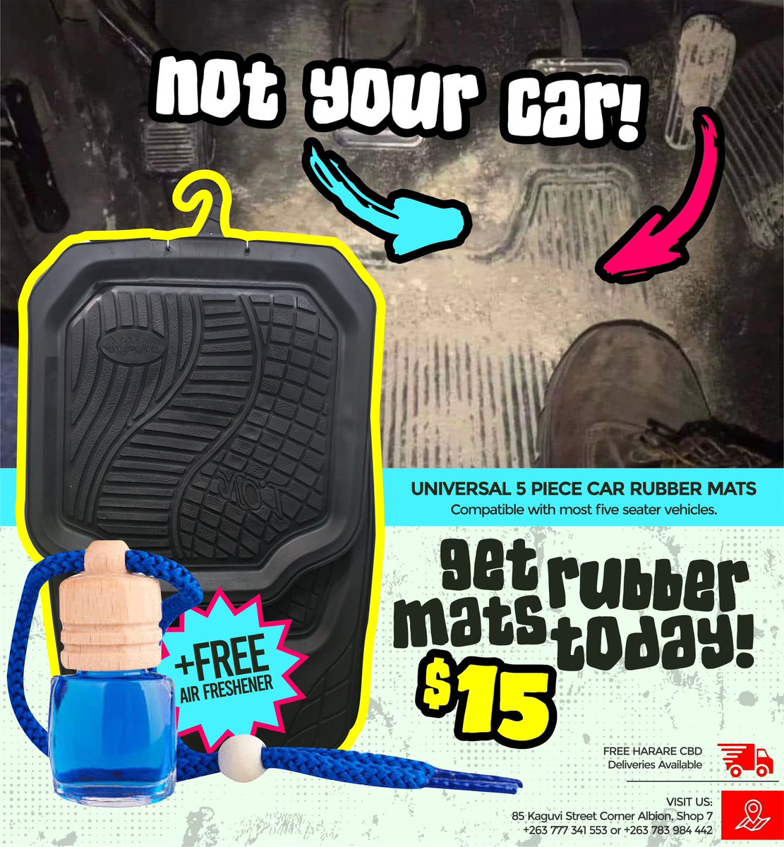 shop7zw's tweet photo. Are you tired of your car floor looking like a crime scene!? Our Universal 5-Piece Car Rubber  Mats – the ultimate solution for messy car floors! 🌟

📍 Location: 85 Kaguvi Street Corner Albion, Shop 7  Contact: ￼(+263) 77 734 1553 or (+263) 78 3984 442 https://t.co/AyoZuzwuhI