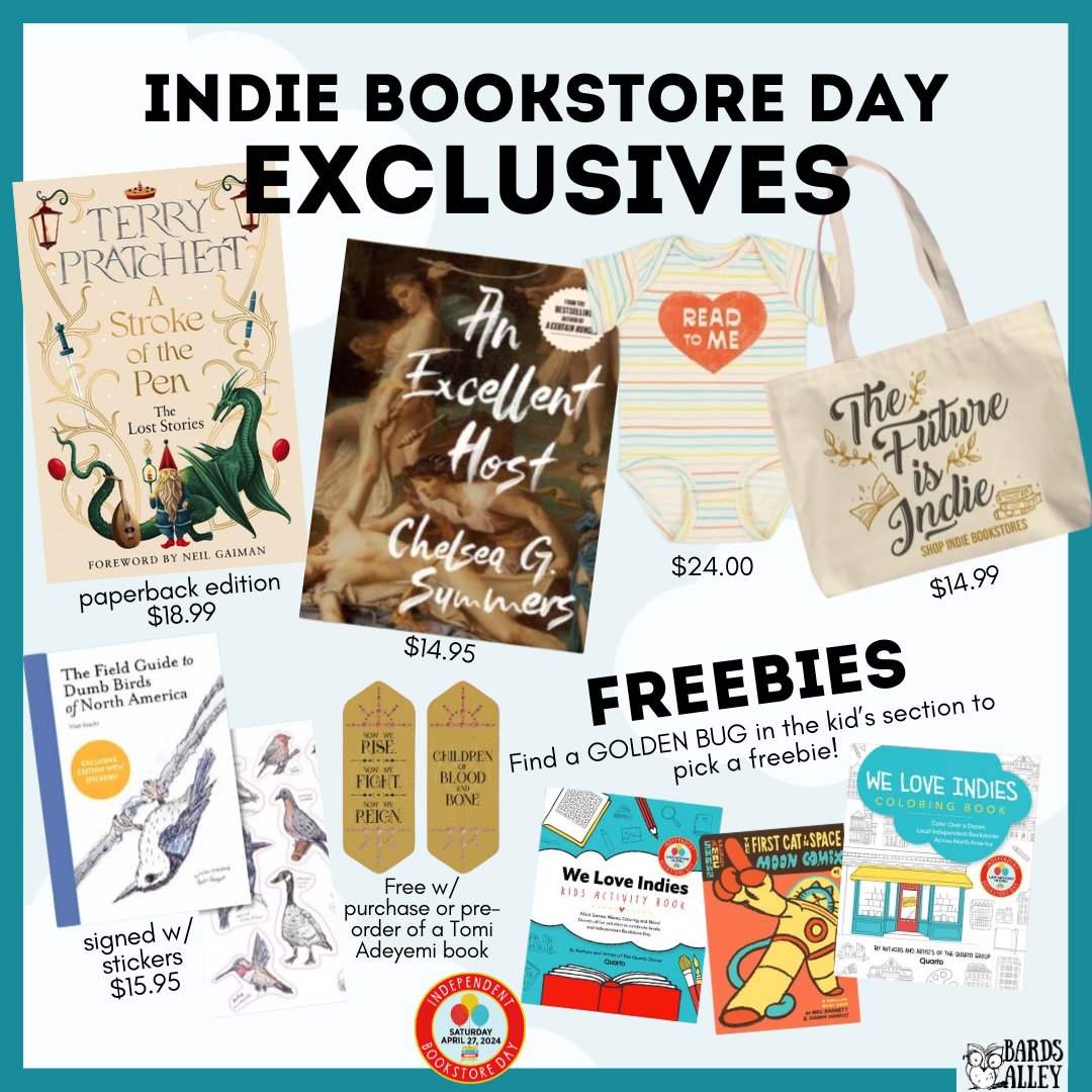 THREE DAYS UNTIL INDIE BOOKSTORE DAY. - Stuffy sleepover on the 26th + story time/craft on the 27th at 10:30am with Gabriella Aldeman - NoVA Bookstore Crawl opens! - Find a Golden Ticket and win 12 free audiobook credits - Find a Golden Bug, pick a freebie while supplies last!