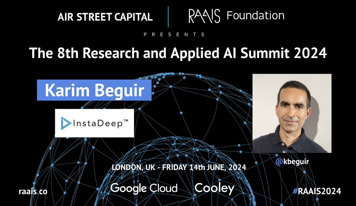 Nathan Benaich (@nathanbenaich) on Twitter photo i’m happy to share that my friend <a href="/kbeguir/">Karim Beguir</a> will join us as a speaker at <a href="/raais/">RAAIS</a> 2024
i met karim thru the brilliant <a href="/shakir_za/">Shakir Mohamed</a> (who also spoke at raais!) in late 2018
<a href="/instadeepai/">InstaDeep</a> has gone from a small ambitious underdog team to a leader in ai with <a href="/BioNTech_Group/">BioNTech SE</a>
join us! i’m happy to share that my friend <a href="/kbeguir/">Karim Beguir</a> will join us as a speaker at <a href="/raais/">RAAIS</a> 2024
i met karim thru the brilliant <a href="/shakir_za/">Shakir Mohamed</a> (who also spoke at raais!) in late 2018
<a href="/instadeepai/">InstaDeep</a> has gone from a small ambitious underdog team to a leader in ai with <a href="/BioNTech_Group/">BioNTech SE</a>
join us!