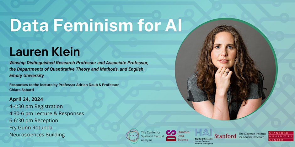 How can the principles around data feminism be applied to conversations around AI? Today’s talk with Lauren Klein (@laurenfklein) will summarize the principles of this movement. Learn more here: @StanfordData @cesta_stanford @HumanAtStanford bit.ly/3Jz01XS