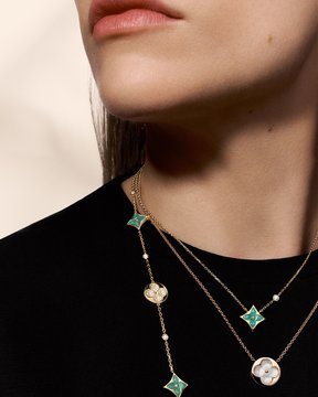 Color Blossom. New chromatic additions, fresh amazonite Monogram Flowers, from natural stone to pavé pieces, radiate in simplicity or paired together. Discover the #LVFineJewelry
