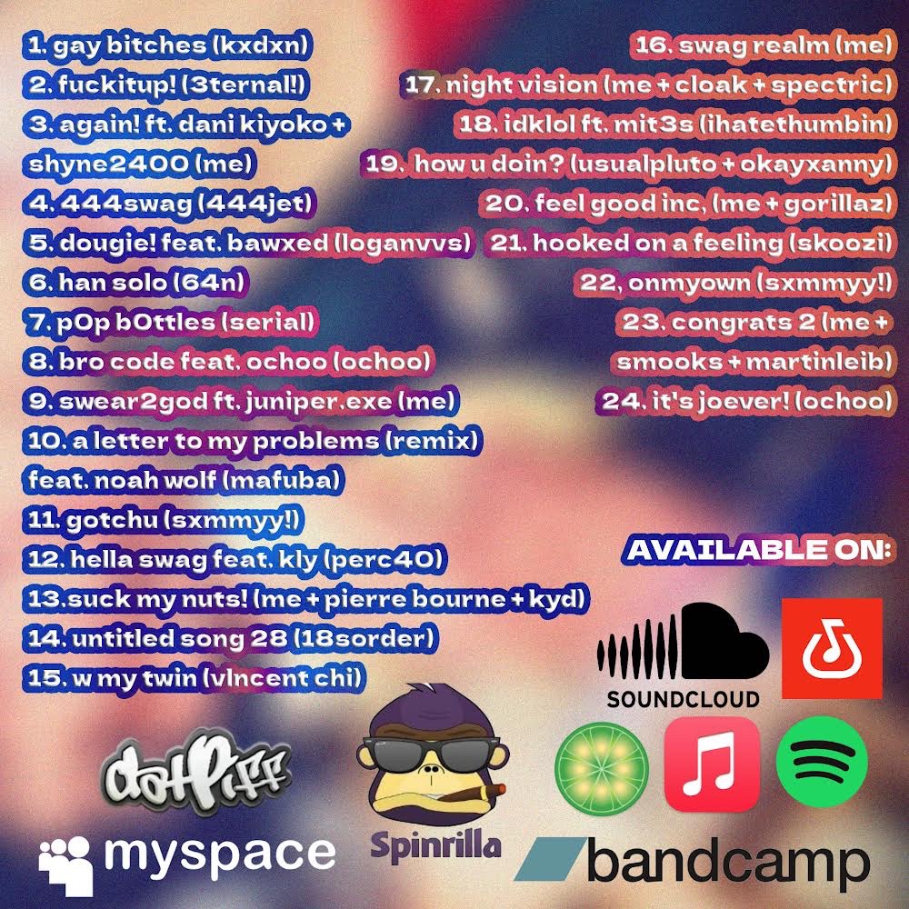 TRACK LIST (OUT NOW) W FEATURES FROM @sutetchi2009 SHYNE OCHOO @NHWLF + MORE PROD FROM 444jet perc40 @MafubaHQ @Sxmmyy__ @smooksss @martinleib @vlncentchi @ihatethumbin @Shawty64n myself + more !!!