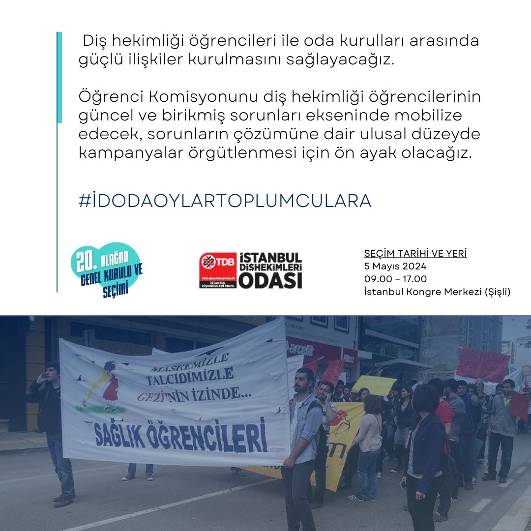 İSTANBUL DİŞHEKİMLERİ ODASI SEÇİMLERİNİ KAZANIRSAK NELER YAPACAĞIZ?

Diş Hekimliği Öğrencilerinin Sorunlarını Sahipleneceğiz

Gelecekteki meslektaşlarımızın sorunlarını çözmek için mezun olmalarını beklemeyeceğiz. 

#ToplumcularÇözer
#İDOdaOylarToplumculara