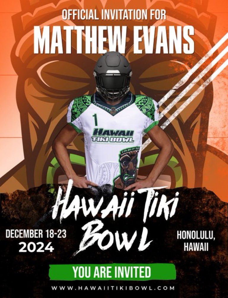 Grateful to receive an invite to the Hawaiian Tiki Bowl! @HawaiiTikiBowl @GrandBlancFB @ECOOP21 @Digdeep810 @coachk924 @ForrKaleb @PrepRedzoneMI