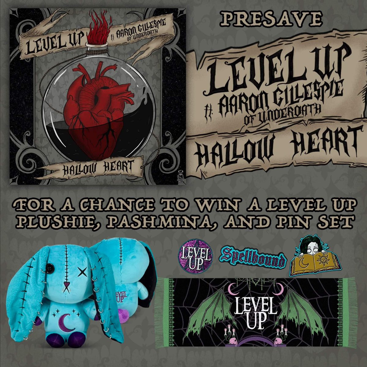 LEVEL UP - HALLOW HEART FT. AARON GILLESPIE OF UNDEROATH ✨🫀 OUT THIS FRIDAY !! WOOOO Contest: retweet, tag 3 friends and pre save for a chance to win a free merch bundle! PRE SAVE LINK IN COMMENTS ❣️