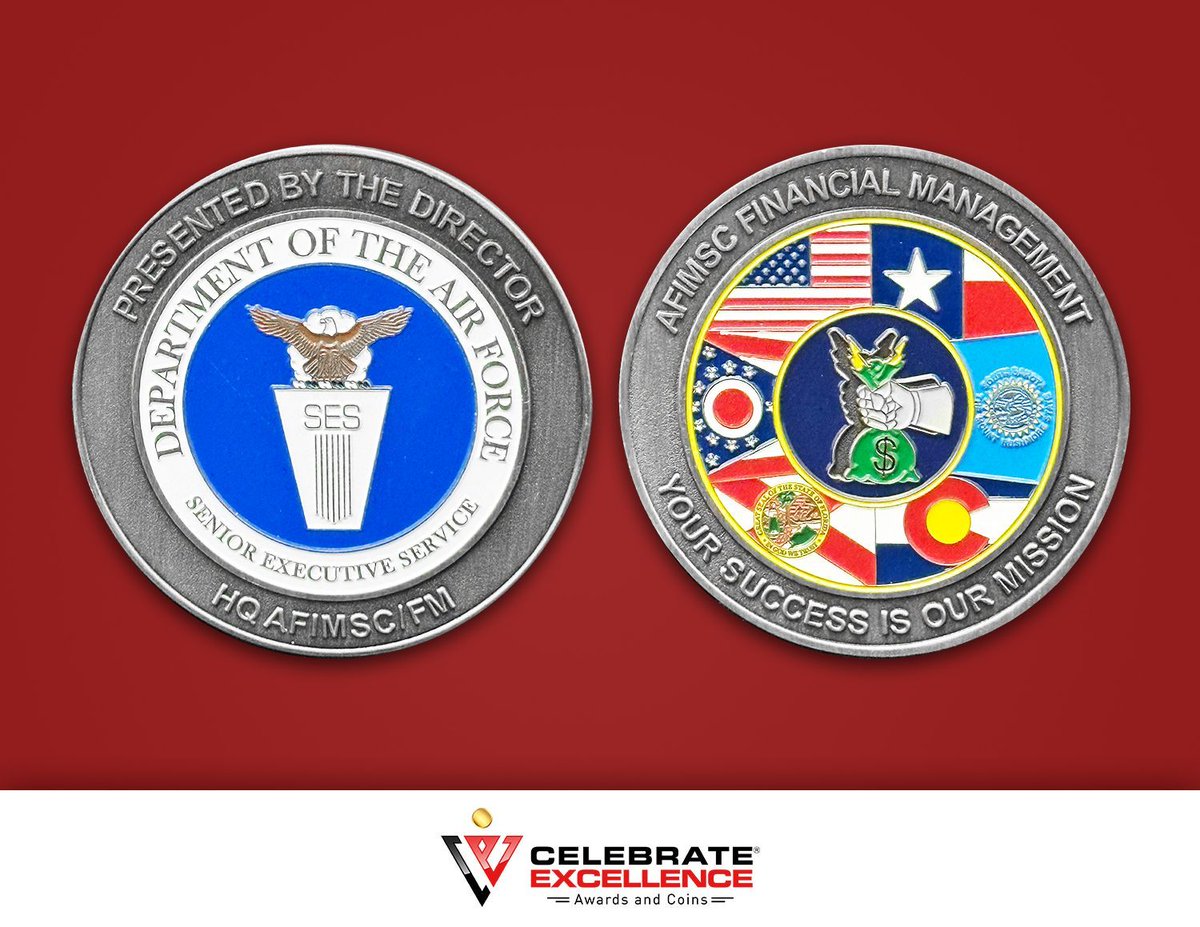 This colorful #ChallengeCoin created for the director of AFIMSC Financial Management features the state flags of Texas, Colorado, South Dakota, Florida, and Ohio, as well as the stars and stripes!

#USAF #AirForce #StateFlags #Texas #Colorado #SouthDakota #Florida #Ohio