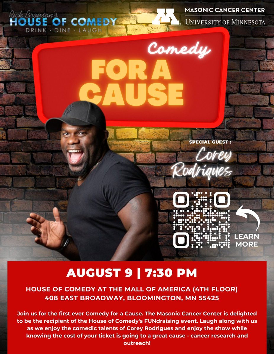MCC is delighted to be the recipient of the House of Comedy's FUNdraising event on August 9. Come enjoy the show and comedic talents of Corey Rodrigues while knowing the cost of your ticket is going to a great cause - cancer research and outreach! cancer.umn.edu/events/comedy-…
