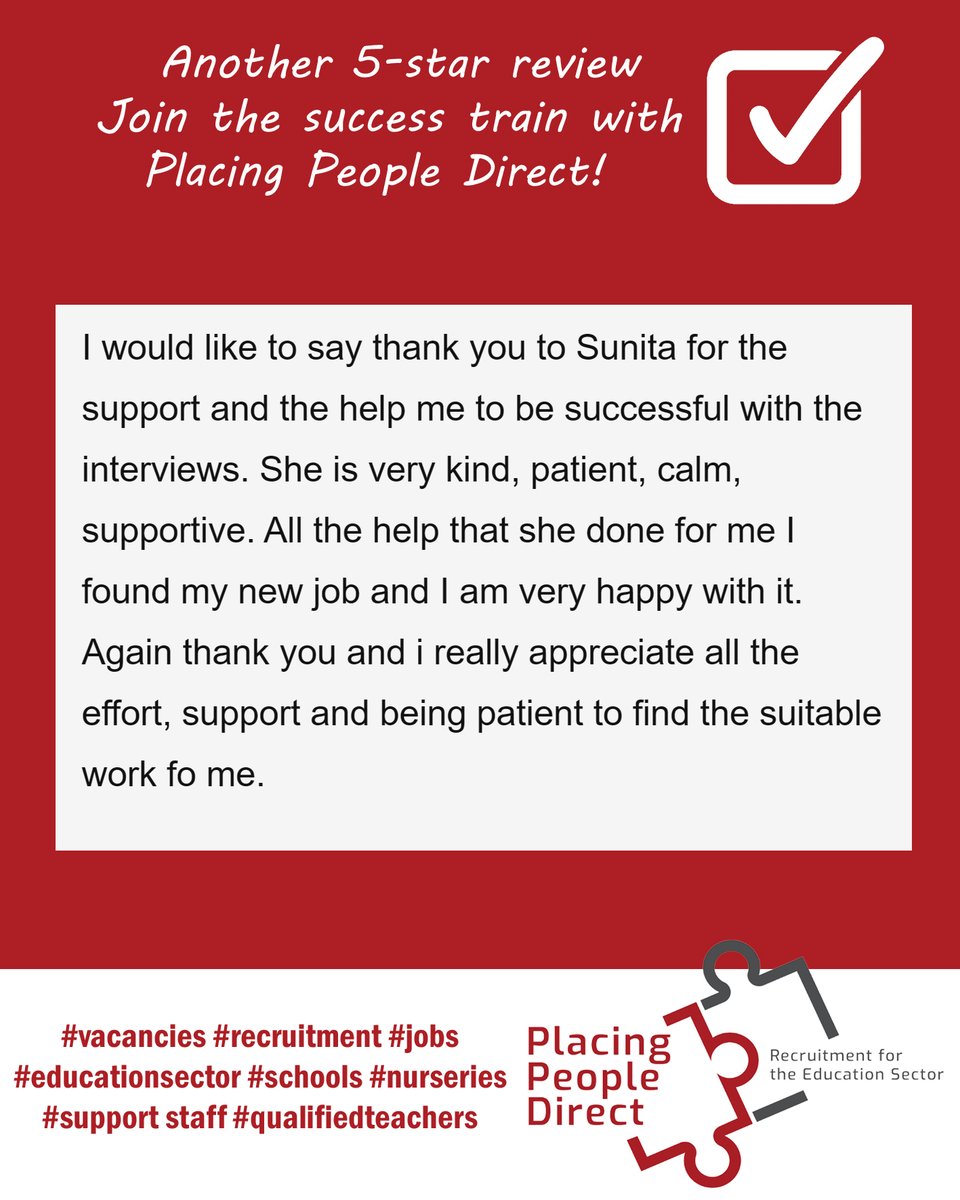 When our applicants win, we win... so happy to have helped yet another person find fulfilling work.  If you are looking for work in the education sector, send us a message today ! 
#PlacingPeopleDirect #EducationSector #Vacancies #Recruitment #SchoolJobs #NurseryJobs