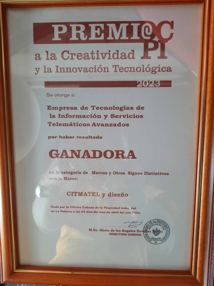 🏆Recibe con orgullo #CITMATEL el Premio OCPI a la Creatividad y la innovación tecnológica con la Marca CITMATEL, en el marco del Seminario Internacional: Desafíos de la Propiedad Industrial 2023 #Cuba #Creatividad #Innovación